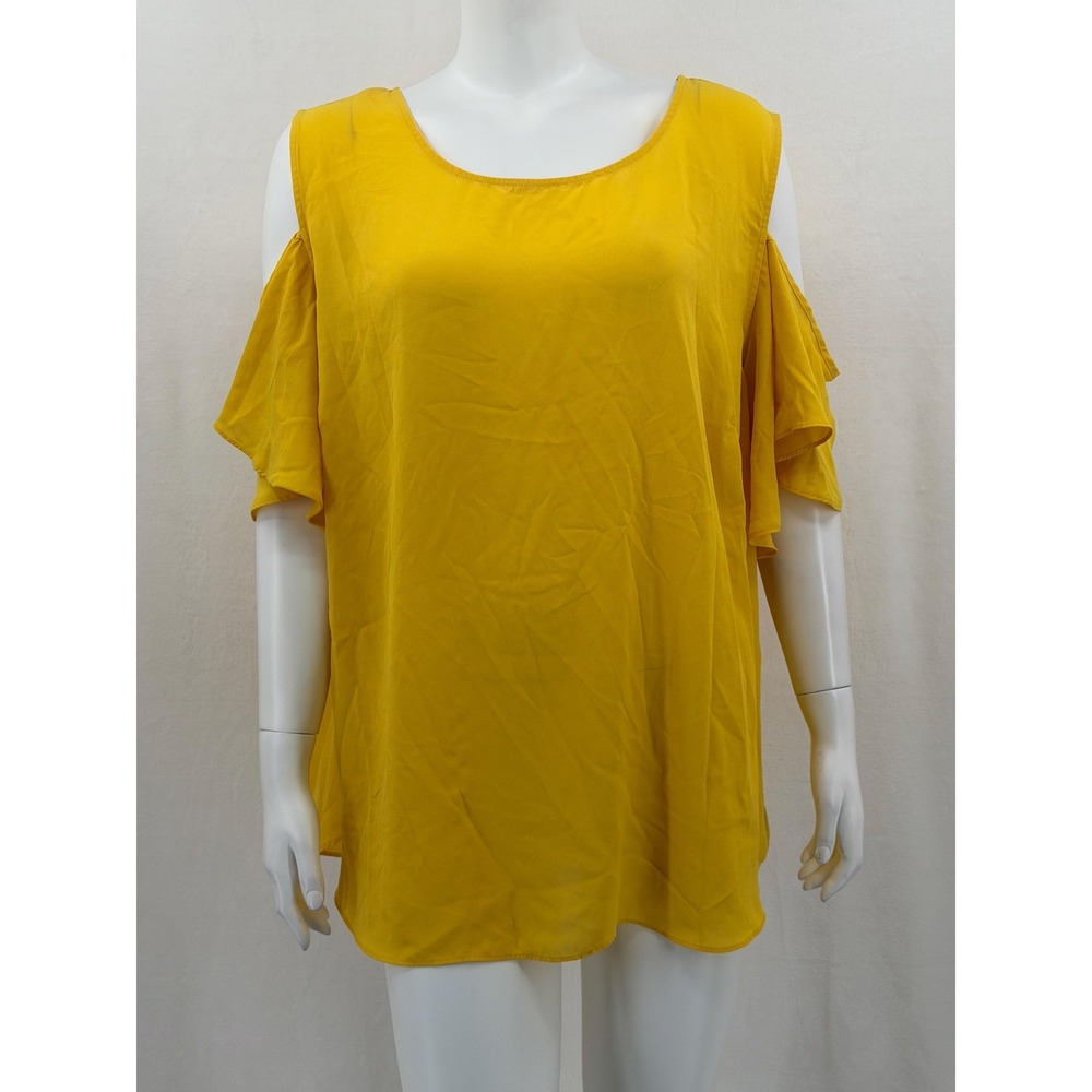 A Byer Top Womens 3X Yellow Cold Shoulder Ruffle Sleeve Sheer Flowy Boho Spring